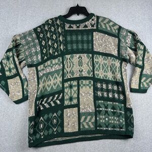 Vintage Diana Marco Sweater Womens XL Green Geometric Oversized Knit Pullover
